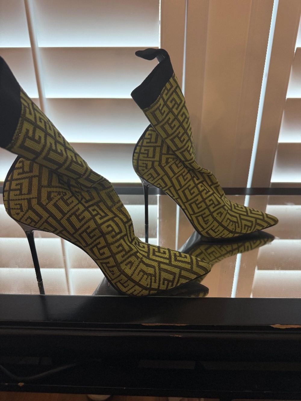 Balmain Lime Green and Black Logo Knit Pointed Stiletto Sock Boots